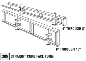 Standard straight curb and gutter forms with 2 pockets (204) and 3 pockets (205) - illustration